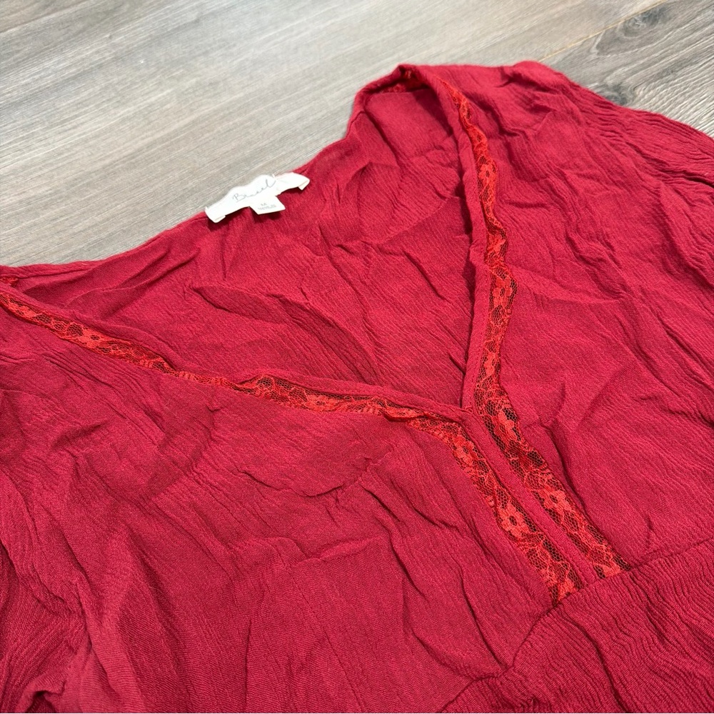 Bohemian Flowy Bardot Crimson V-Neck Peasant Tunic - Picture 2 of 4